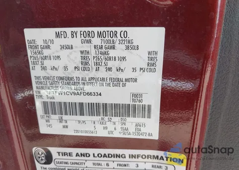 2010 Ford F-150 Fx2 Sport/Harley-Davidson/King Ranch/Lariat/Platinum/Xl/Xlt z USA, uszkodzony, nr VIN 1FTFW1CV9AFD66334